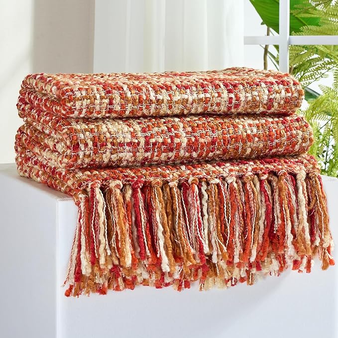 Multi-Color Dark Red Cable Knitted Throw Blanket for Couch,50"X60" Boho Style Textured Blankets for Home Decor,Super Soft Warm Cozy Chunky Knit Blanket with Decorative Tassels for Bed
