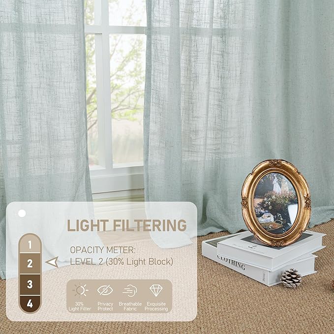 LAMIT 102 Inch Length Light Filtering Sheer Linen Curtains, Linen Textured Semi Sheer Back Tab and Rod Pocket Natural Boho Drapes for Living Room/Farmhouse, 2 Panels, Greyish Blue, 52 x 102 Inch