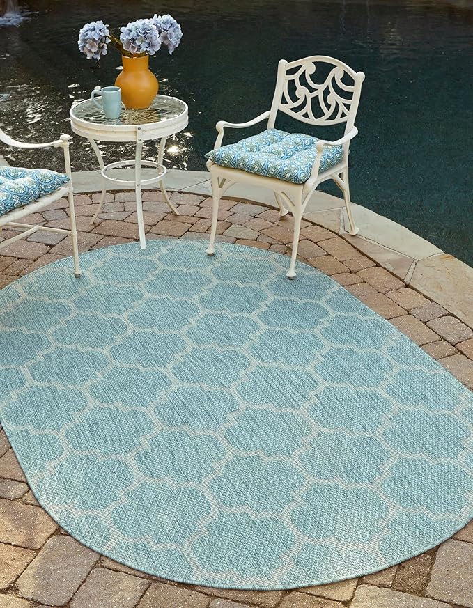 Unique Loom Outdoor Trellis Collection Area Rug (7' 10" x 10' Oval, Aquamarine/ Gray)