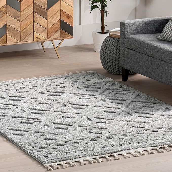 nuLOOM Akia Light Grey, 3' x 5', Geometric Lattice, Tasseled, Soft and Textured, High Traffic, Stain Resistant, Durable Area Rug for Bedroom, Living Room, Dining Space, Den, Foyer, Entryway
