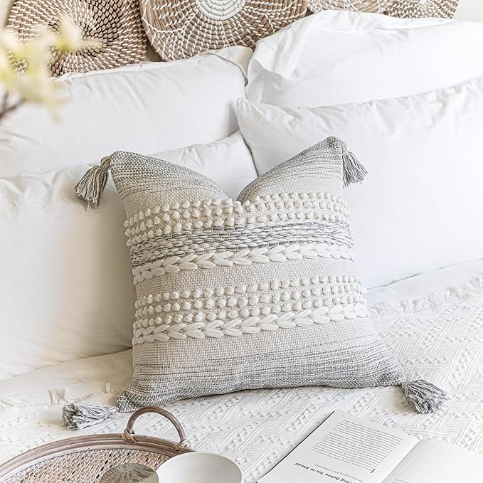 BlissBlush Gray Decorative Throw Pillow Cover 22X22, Boho Accent Pillow for Couch, Square Modern Farmhouse Pillowcase for Living Room Couch Sofa Cushion Home Décor (Pack of 1)