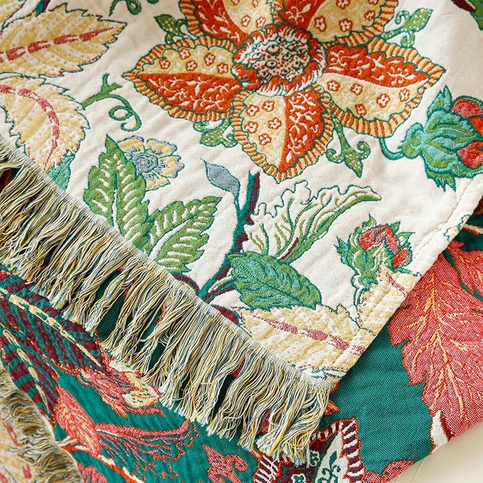MSGKV Boho Throw Blanket for Couch Chair 100% Cotton Embroidery Floral Blanket 50"x60" Sofa Blankets for All Seasons Lightweight Farmhouse Muslin Breathable Bed Blankets Home Decor