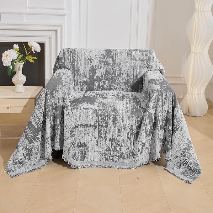 MEETSKY Small Couch Cover Oversized Chair Cover Washable, Chenille Soft Throw Cover for Single Sofa, Abstract Geometric Sofa Slipcover Multi-Use Furniture Protector for Pets, 71" x 91", Deep Grey