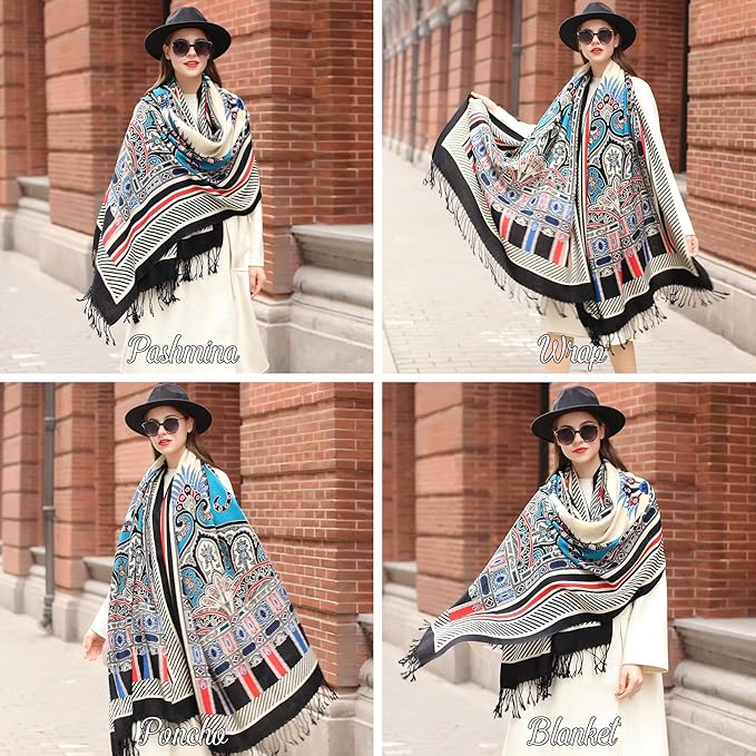 DANA XU 100% Merino Wool Pashmina Shawl for Women 96"x43", Oversized Cashmere Wrap with Tassels, Floral Travel Blanket Cape