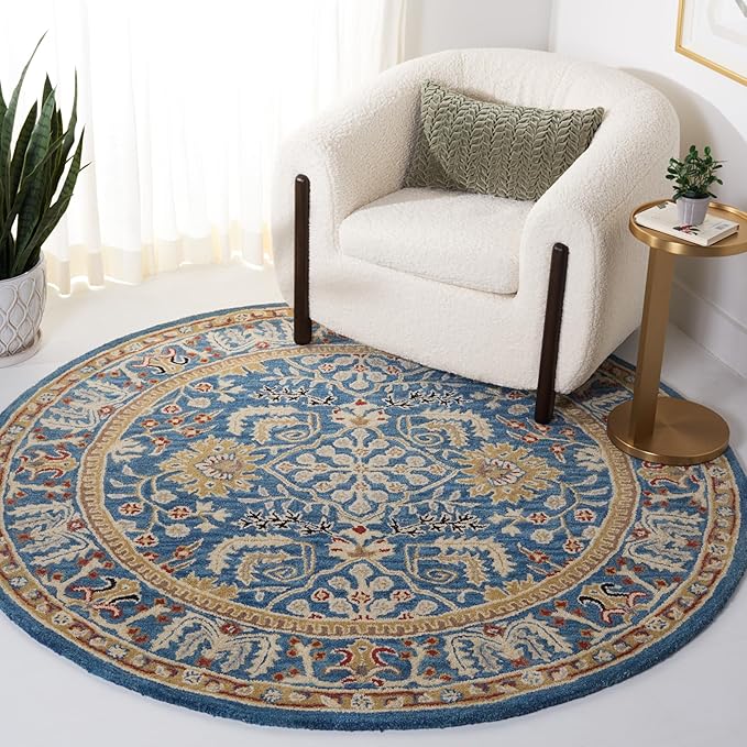 SAFAVIEH Antiquity Collection Area Rug - 6' Round, Dark Blue & Multi, Handmade Traditional Oriental Wool, Ideal for High Traffic Areas in Living Room, Bedroom (AT64B)