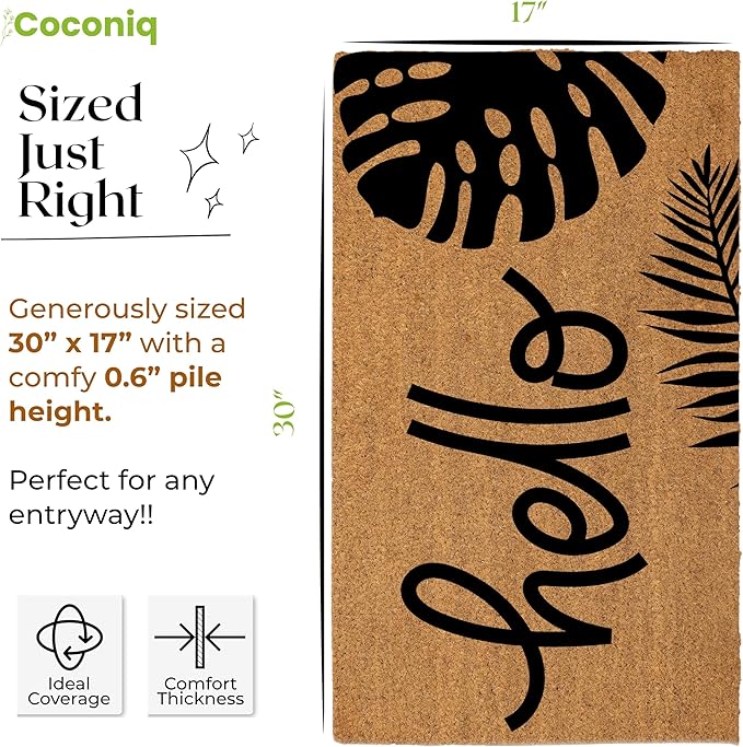 Coir Door Mats 17" X 30", Non-Slip Sturdy, PVC Backed Heavy Duty, Easy to Clean, Ideal for Door Entrance, Patio, Porch, Backyard, Garages, Hello - Black Leaves