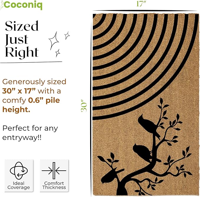 Coir Door Mats 17" X 30", Non-Slip Sturdy, PVC Backed Heavy Duty, Easy to Clean, Ideal for Door Entrance, Patio, Porch, Backyard, Garages, A Happy Family of Birds