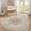 5ft Round Vintage Living Room Area Rug - 5x5 Large Soft Washable Oriental Traditional Distressed Farmhouse Rugs for Bedroom - Indoor Floor Accent Carpet for Home Office House Decor - Golden Taupe