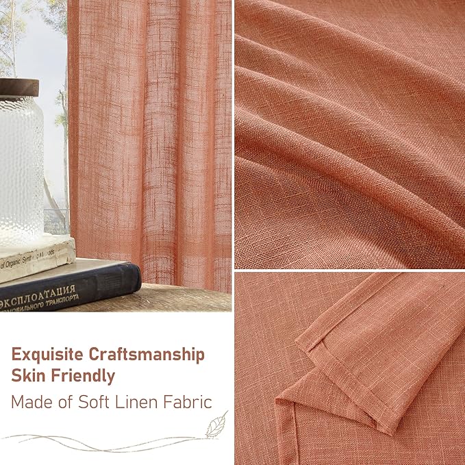 LAMIT 63 Inch Semi Sheer Linen Curtains, Light Filtering Panels Back Tab and Rod Pocket Fall Decor Drapes for Bedroom/Living Room, Terracotta, 2 Panels, 34 x 63 Inch