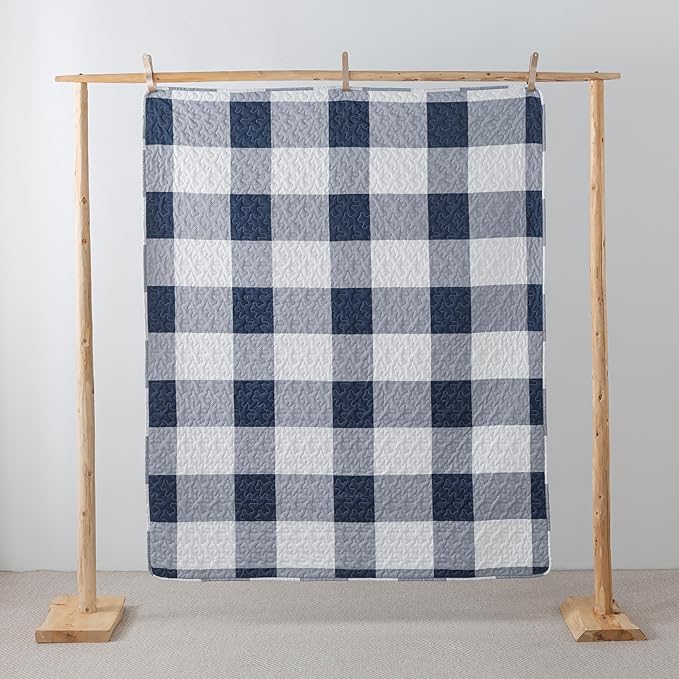 Soul & Lane Checks and Stripes 50" x 60" Blue Buffalo Check Throw: Lap Quilted Blanket, Blue and White Lightweight Couch Quilt, Checkered Coverlet, Plaid Winter Outdoor Quilted Throw Blanket