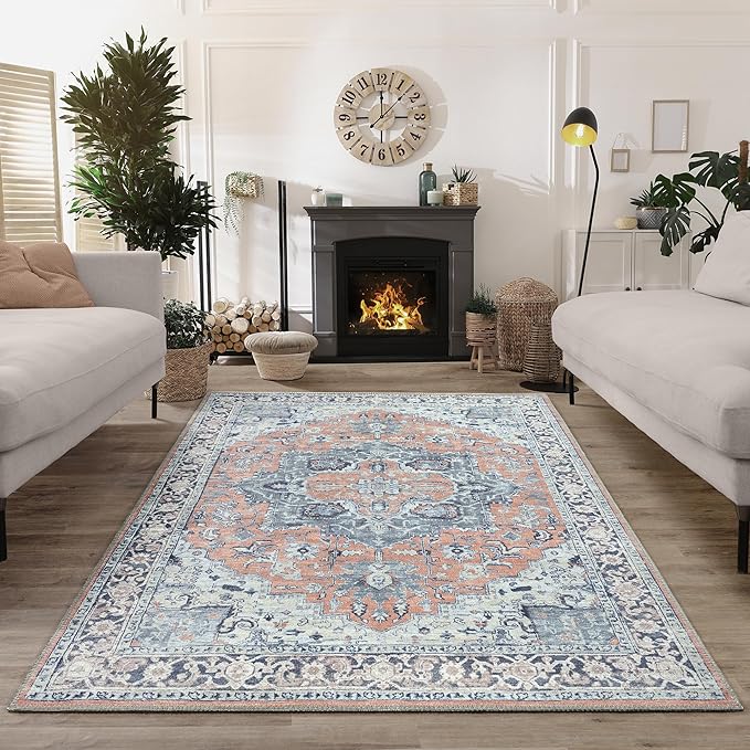 Bloom Rugs Washable Non-Slip 5' x 7' Rug - Coral/Blue Traditional Medallion Area Rug for Living Room, Bedroom, Dining Room, and Kitchen - Exact Size: 5' x 7'