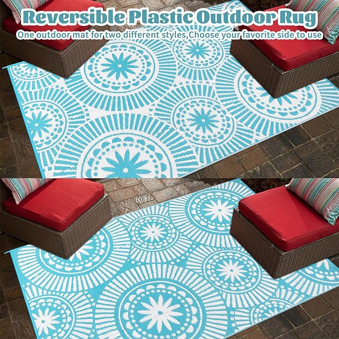 Ileading Reversible Plastic Outdoor Rug Modern Geometric Style Straw Mat, Waterproof Patios Carpet 6x9ft Non Shedding Portable Decor Area Rugs for Deck RV Picnic Beach Backyard (6' x 9'Teal)