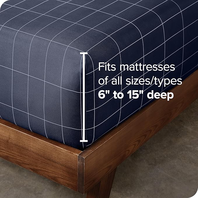 Bare Home Fitted Bottom Sheet Twin Size - Premium 1800 Microfiber - Ultra-Soft Hotel Luxury - Deep Pocket - Durable and Long Lasting (Twin, Grid - Midnight Blue/White)