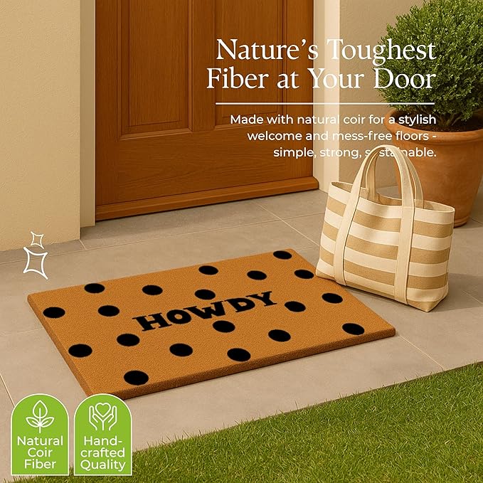 Coir Door Mats 17" X 30", Non-Slip Sturdy, PVC Backed Heavy Duty, Easy to Clean, Ideal for Door Entrance, Patio, Porch, Backyard, Garages, Howdy Black Circles