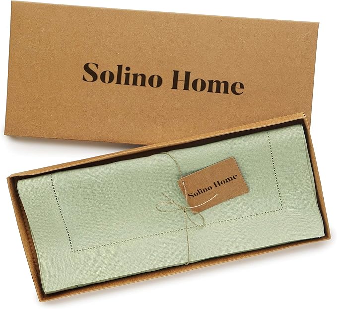 Solino Home Linen Table Runner 48 Inches - 100% Pure Linen Sage Green Hemstitch Table Runner 14 x 48 Inch Ideal for Dresser and Coffee Tables - Christmas, New Year - Classic Hemstitch