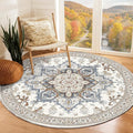 OPPODREAM Thin Round Rug 6ft, Neutral Washable Circle Rug 6ft with Non Slip Backing Play Room, Low-Pile Carpet 6 ft, Faux Cashmere Throw Carpet, Cream White & Blue & Light Brown
