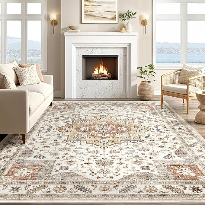 Vintage Living Room Area Rug 5x8 - Large Soft Washable Oriental Traditional Distressed Farmhouse Rugs for Bedroom - Indoor Floor Accent Carpet for Home Office House Decor - Golden Taupe