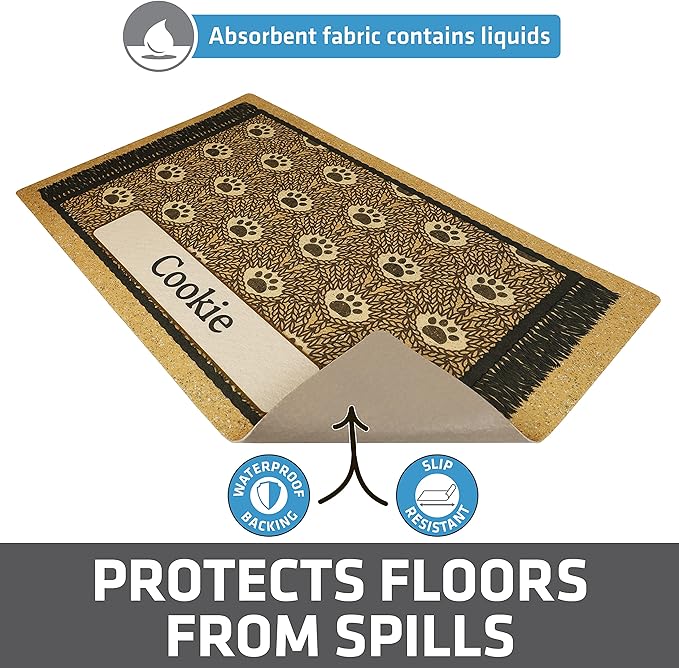 Drymate Personalized Pet Bowl Placemat, Custom Dog & Cat Food Feeding Mat - Absorbent Fabric, Waterproof Backing - Machine Washable/Durable (USA Made) (16" x 28") (Brown Paw Braid)