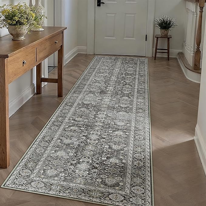 Black Runner Rug 2x8 Vintage Area Carpet Hallway Long Indoor Kitchen Washable Living Room Low Pile Traditional Distressed Retro Accent Throw Rug Non Slip Laundry Bathroom Office Dining Room