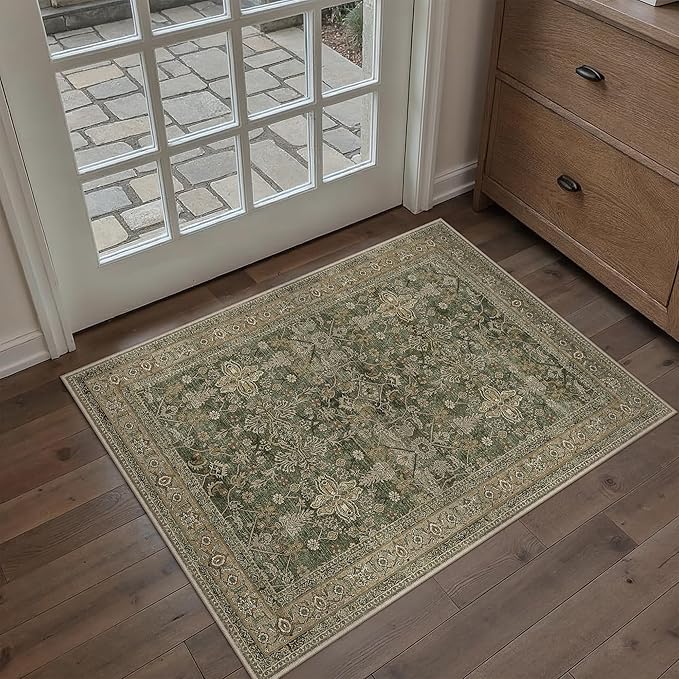 Entryway Area Rug 2x3 Green Brown Vintage Washable Kitchen Bathroom Carpet Traditional Distressed Soft Non Slip Small Door Mat Retro Low Pile Thin Rug for Entrance Laundry Bedroom