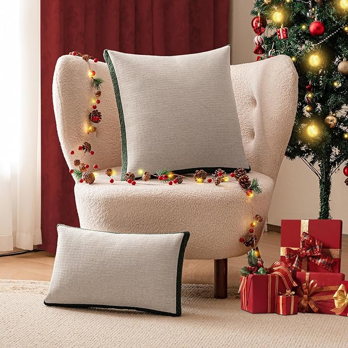 a moment Christmas Dark Green Loop Yarn Linen-Like Pillow Cover Natural Soft Decorative Throw Pillow Case Farmhouse 20x20 Inch, Textured Cushion Cover for Sofa Bed, Wrinkle-Resistant Home Decor