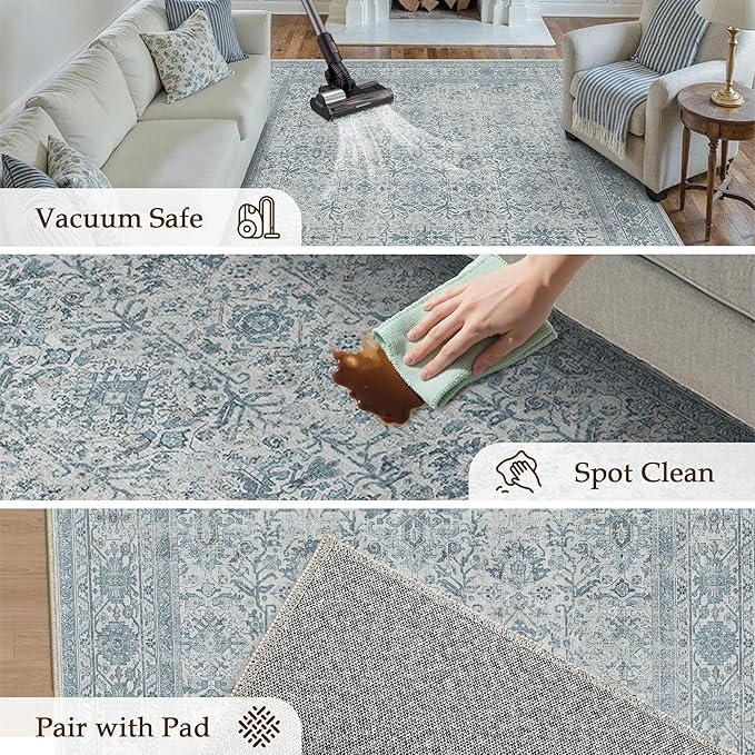 Blue Area Rug 4x6 Washable Office Entryway Carpet Soft Vintage Indoor Kitchen Living Room Door Mat Traditional Retro Distressed Thicker Throw Small Rug Bedroom Dining Room Bathroom