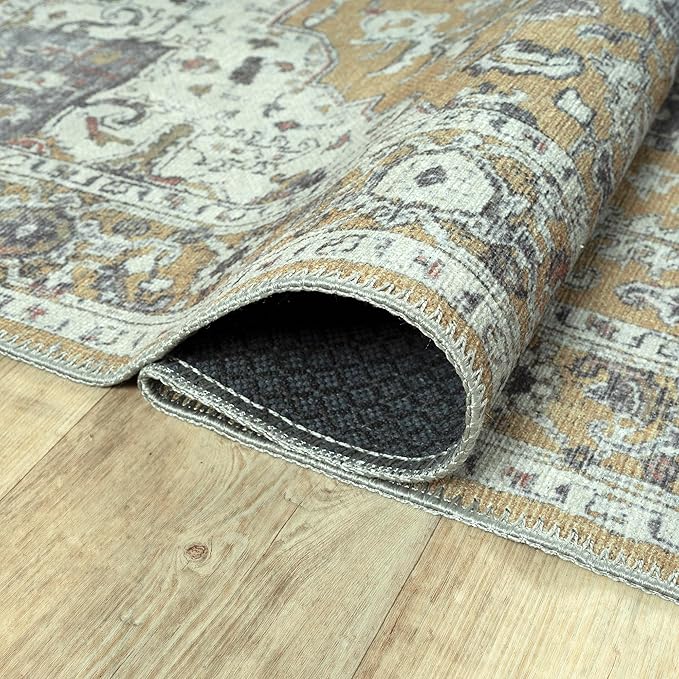 Bloom Rugs Washable Non-Slip 10 ft Runner - Yellow Traditional Medallion Runner for Entryway, Hallway, Bathroom, and Kitchen - Exact Size: 2.5' x 10'