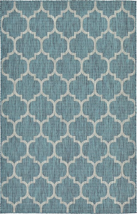 Unique Loom Outdoor Trellis Collection Area Rug (5' 3" x 8' Rectangle, Teal/ Gray)