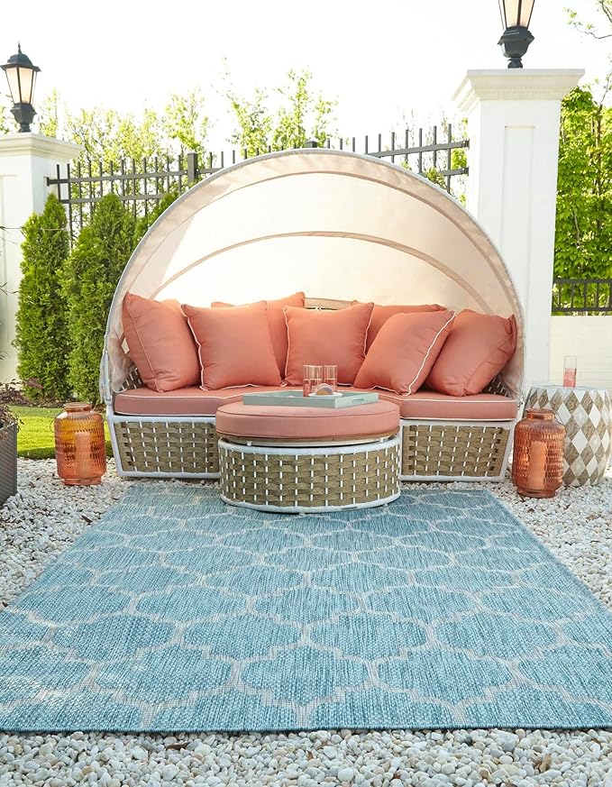 Unique Loom Outdoor Trellis Collection Area Rug (10' x 13' 1" Rectangle, Aquamarine/ Gray)