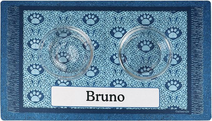 Drymate Personalized Pet Bowl Placemat, Custom Dog & Cat Food Feeding Mat - Absorbent Fabric, Waterproof Backing - Machine Washable/Durable (USA Made) (16" x 28") (Blue Paw Braid)