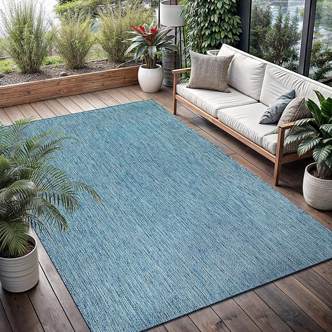 Washable Indoor Outdoor Rug Weather Resistant Carpet Modern Solid for Porch Deck Balcony Backyard Patio Rug 8x10 Aqua Blue
