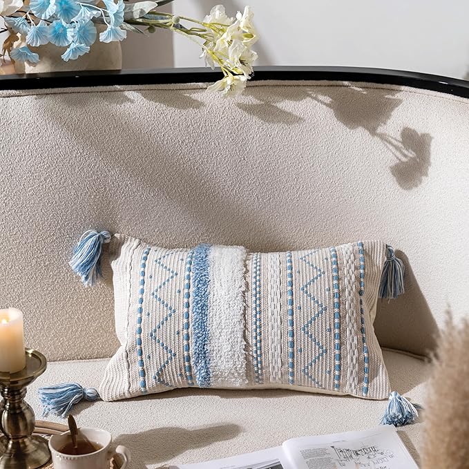 BlissBlush Blue Decorative Lumbar Throw Pillow Cover 12x20 Combo Set of 2 Rectangular Coastal Boho Accent Pillowcase Neutral Farmhouse Cushion for Couch Sofa Bedroom Living Home Décor Cover ONLY