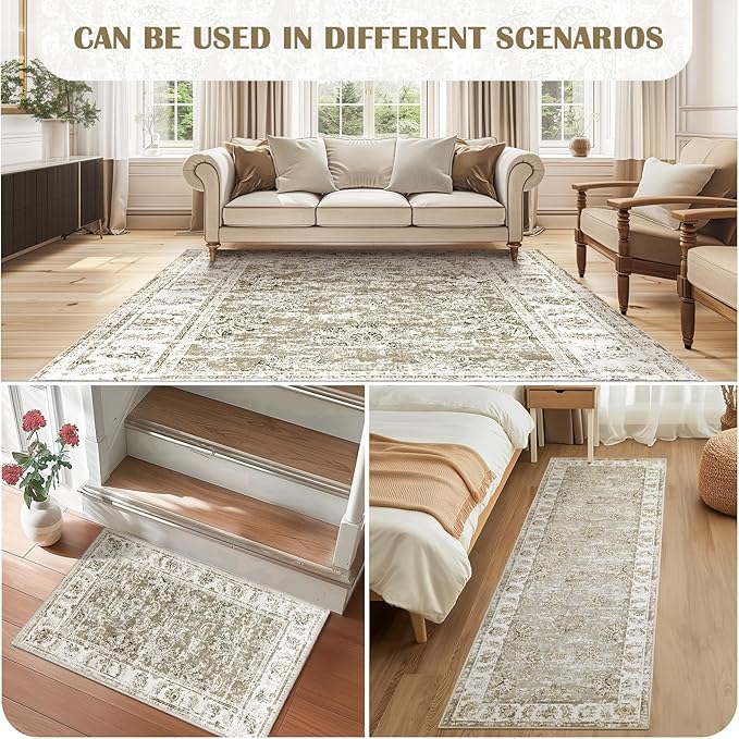 jinchan Fiora Runner Rug 3x8-2pcs Kitchen Washable Vintage Hallway Rug Floral Print Floor Cover Indoor Thin Retro Mat Accent for Bathroom Laundry Room Bedroom Office Farmhouse (Double, Taupe)