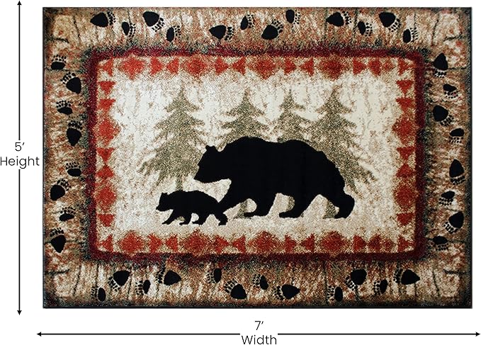 Masada Rugs, Cabin Lodge Area Rug Bear and Cub Scene (5 Feet 3 Inch X 7 Feet)