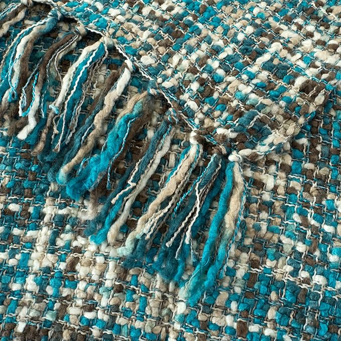 Multi-Color Teal Cable Knitted Throw Blanket for Couch,50"X60" Boho Style Textured Blankets for Home Decor,Super Soft Warm Cozy Chunky Knit Blanket with Decorative Tassels for Bed and Sofa