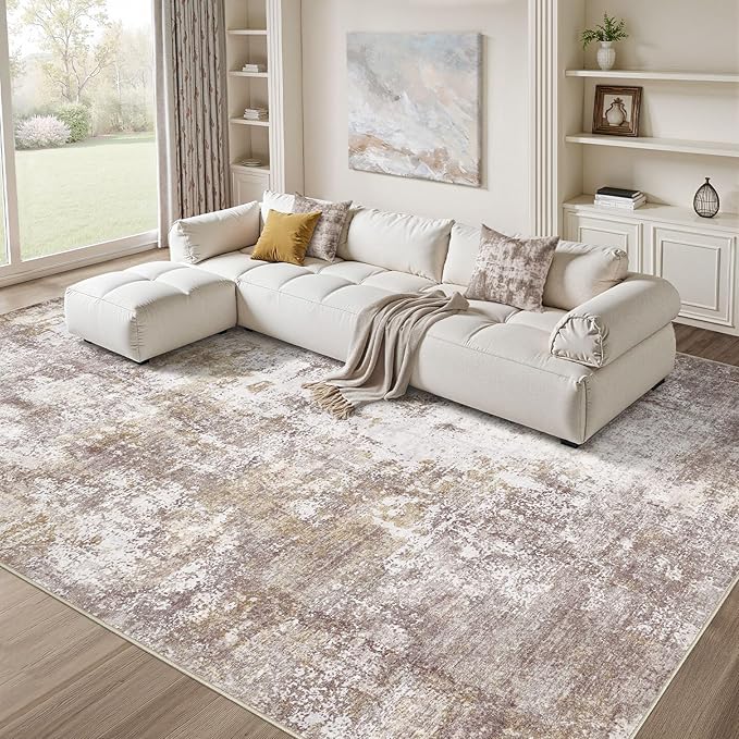 Washable 6X9 Area Rug: Modern Abstract Soft Non-Slip Indoor Rugs Home Decor - Low Pile Stain Resistant Foldable Carpet for Living Room Bedroom Dining Room Playroom(Golden Brown,6'X9')