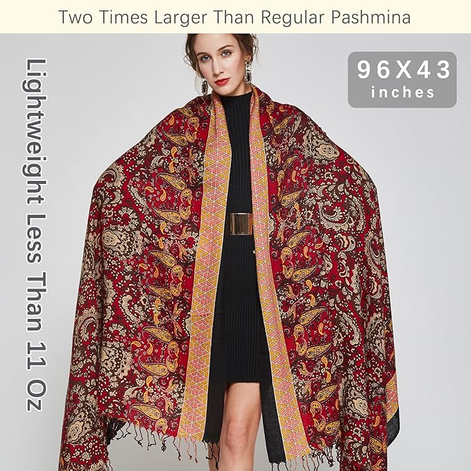 DANA XU 100% Merino Wool Pashmina Shawl for Women 96"x43", Oversized Cashmere Wrap with Tassels, Floral Travel Blanket Cape