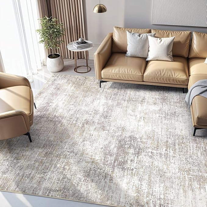 Abstract Living Room Rug 8x10 - Modern Washable Soft Thin Area Rug for Living Room Bedroom Under Dining Table - Neutral Indoor Floor Rug Carpets for Home Office Playroom Nursery - Brown Gold