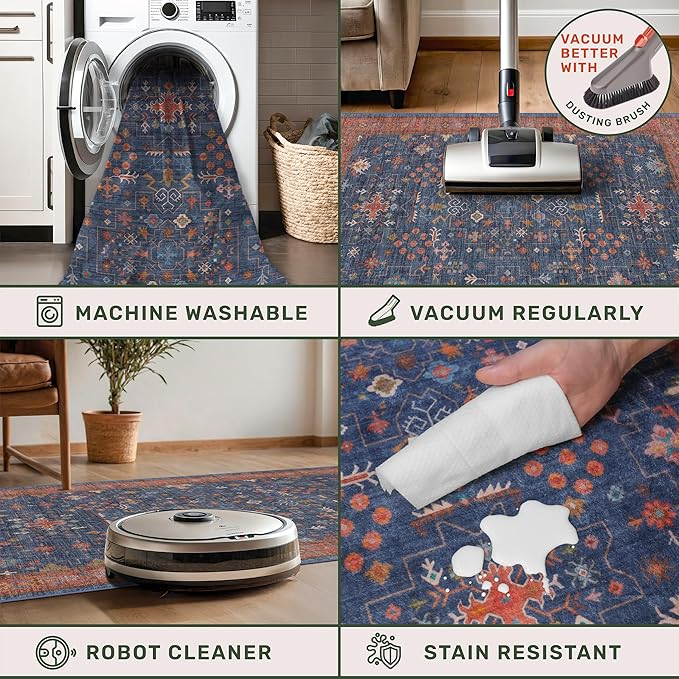 Washable 8 ft Long Runner for Kitchen Floor - Navy Blue Hallway Runner Rug, Pet Friendly Waterproof Non Slip with Rubber Backing, Stain Resistant Laundry Room Rug (2'6"x8' Navy Blue & Terracotta)