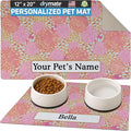 Drymate Personalized Pet Bowl Placemat, Custom Dog & Cat Food Feeding Mat - Absorbent Fabric, Waterproof Backing - Machine Washable/Durable (USA Made) (12" x 20") (Rejuvenation Pink Flowers)
