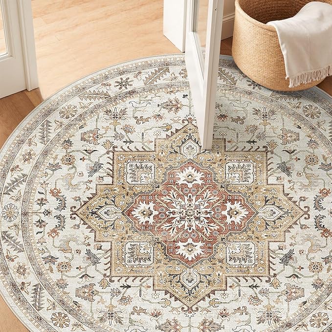 5ft Round Vintage Living Room Area Rug - 5x5 Large Soft Washable Oriental Traditional Distressed Farmhouse Rugs for Bedroom - Indoor Floor Accent Carpet for Home Office House Decor - Golden Taupe