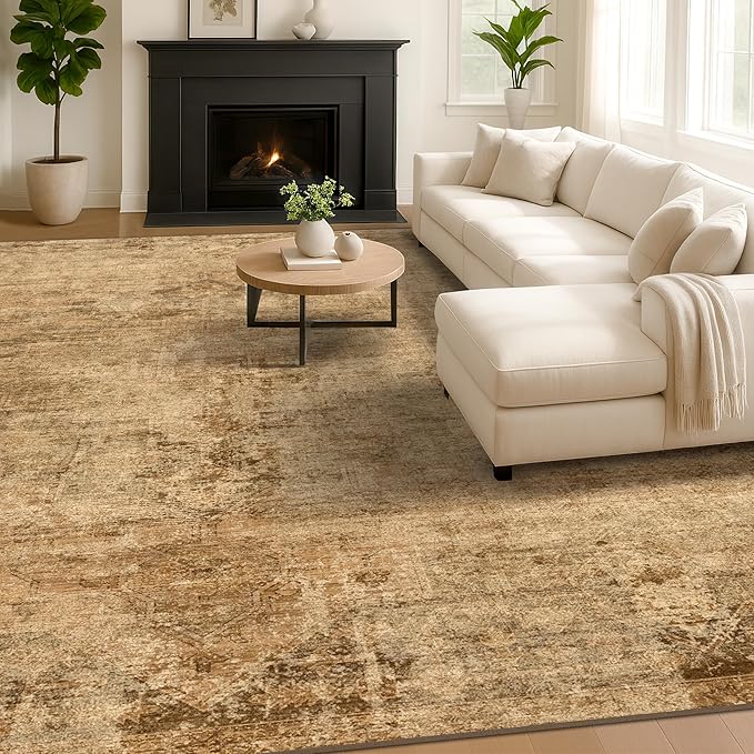 Large Entryway Rug Washable - 5x8 Brown and Mustard Yellow Rug for Mudroom, Foyer, Hall, Living Room, Washable Low Pile Stain Resistent