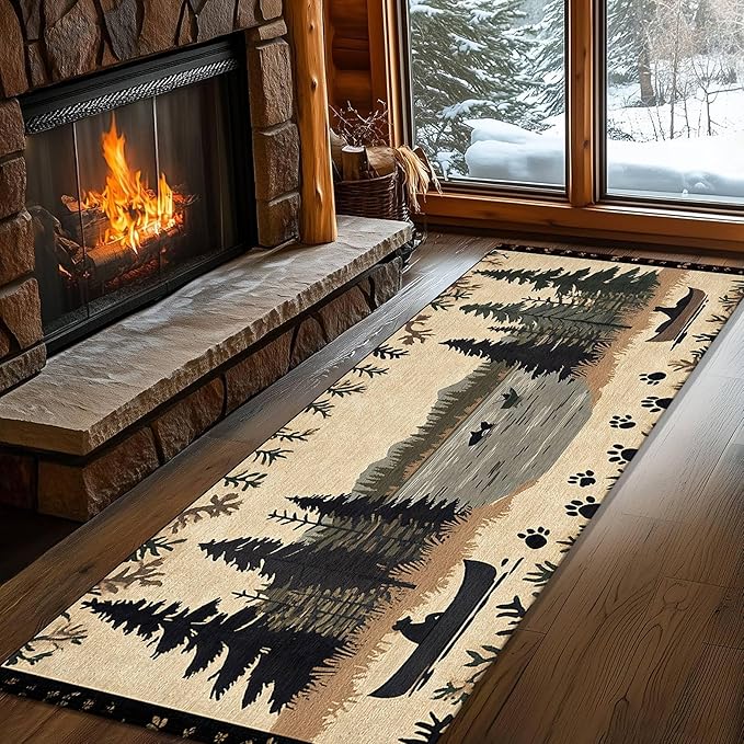 Vintage Bear Claw Fishing Boat Rug 2x8ft Elk Pine Forest Bohemian Carpet, Non-Slip Nursery Rug with Washable Surface, Brown Retro Floor Mat for Cabin Decor