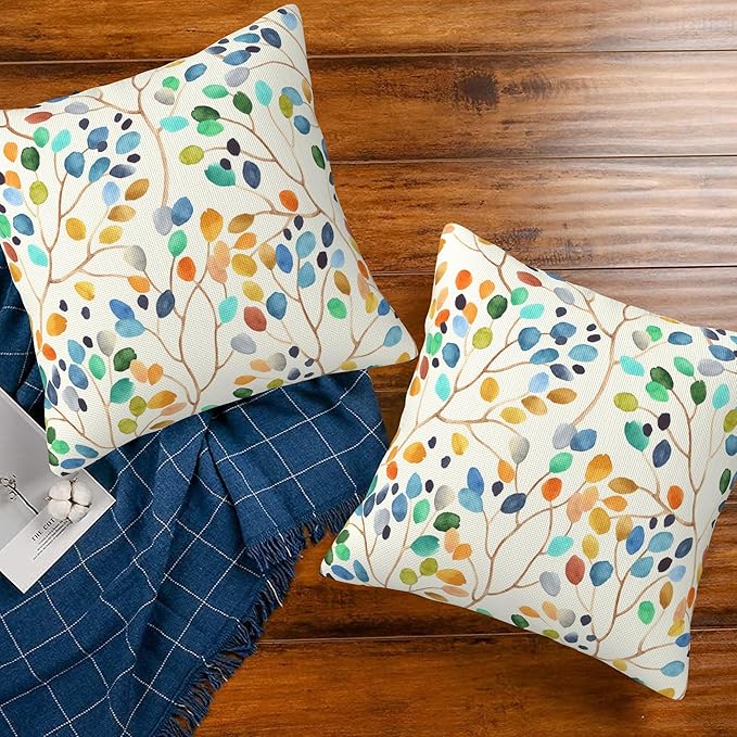 Throw Pillow Covers Colorful Leaves Spots Pillow Covers 16x16 Inch Set of 2 Boho Floral Throw Pillows Decorative Pillow Cases Cushion Covers for Bedroom Livingroom Sofa Farm House