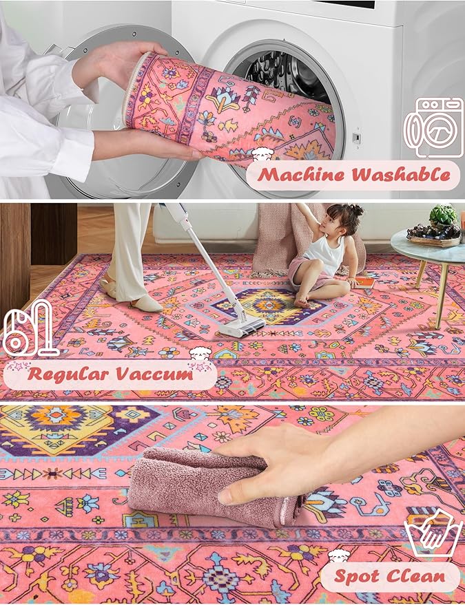 SERISSA Runner Rug for Hallways, 2'6"x8' Washable Non Slip Kitchen Runner Rug, Ultra Soft Cute Boho Aesthetic Rug Long Fuchsia Pink Floor Carpet for Bedroom Bathroom Laundry Living Room