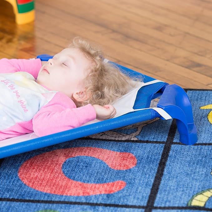 Sprogs Deluxe Heavy Duty Toddler 40"L Stackable Daycare Cot with Easy Lift Corners Cots for Preschool Kids Sleeping, Resting, and Naptime, SPG-16134-18PK, Blue (Pack of 18)