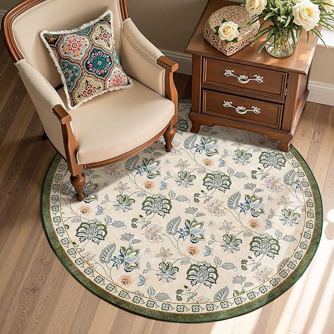 jinchan Elora 4ft Floral Round Rug for Entryway Washable Rug Vintage Romance Christmas Design Non Slip Indoor Doormat Lightweight Low-Profile Throw Carpet for Living Room Dining Room, Green/Beige