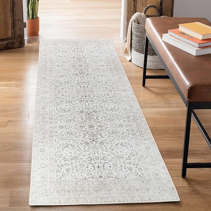 Bloom Rugs Washable Non-Slip 12 ft Runner - Beige/Off White Traditional Bordered Runner for Entryway, Hallway, Bathroom, and Kitchen - Exact Size: 2.5' x 12'