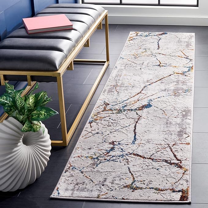 SAFAVIEH Amelia Collection Runner Rug - 2' x 12', Grey & Blue Gold, Modern Abstract Design, Non-Shedding & Easy Care, Ideal for High Traffic Areas in Living Room, Bedroom (ALA293M)