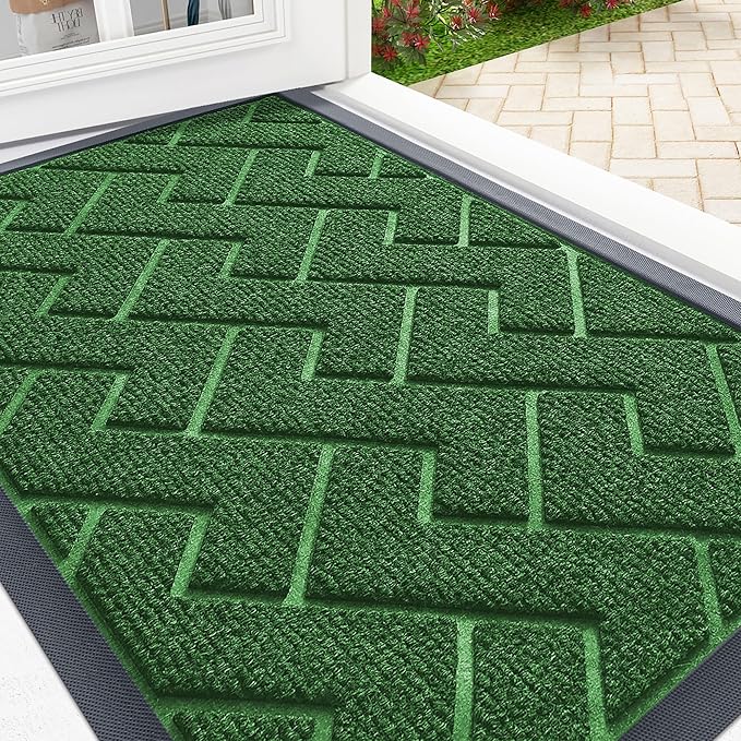 OLANLY Front Door Mat Indoor Outdoor Entrance, Waterproof All-Season, All-Weather Doormat, Sturdy Natural Rubber, Low Profile, Easy Clean Patio Porch Entryway Mat, Herringbone Brick (Green, 47x23)